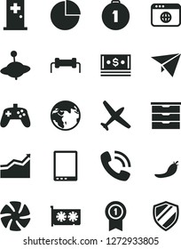 Solid Black Vector Icon Set - pie chart vector, storage unit, yule, red pepper, cash, phone call, tablet pc, fan, gpu card, browser, joystick, resistor, arrow graph, first place medal, with pennant