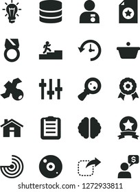 Solid Black Vector Icon Set - house vector, move right, pan, magnifying glass, bulb, cd, big data, history, brain, settings, satellite, clipboard, radar, medal, carrer stairway, man with, gold ring