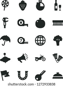 Solid Black Vector Icon Set - yule vector, measuring tape, long meashuring, key, timer, earth, umbrella, flag, lollipop, strawberry, pomegranate, broccoli, caliper, horn, radiator fan, luck, wine