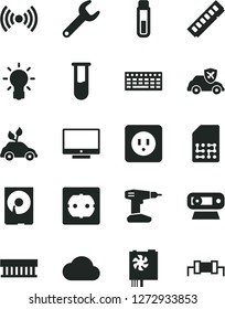 Solid Black Vector Icon Set - drill vector, power socket type b, f, screen, environmentally friendly transport, autopilot, SIM, repair key, radiator fan, keyboard, pc supply, memory, web camera, hdd