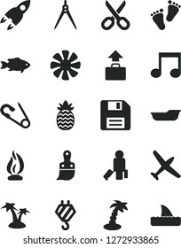Solid Black Vector Icon Set - floppy disk vector, scissors, open pin, bath, footprints, hook, plastic brush, fish, pineapple, fan, note, flame, drawing compass, rocket, plane, passenger, baggage