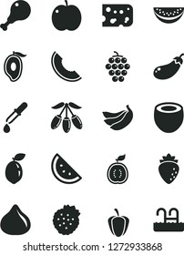 Solid Black Vector Icon Set - piece of cheese vector, chicken leg, strawberries, orange slice, apple, large grape, raspberry, fig, melon, half mango, goji berry, water, bananas, sour lime, guawa