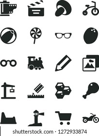 Solid Black Vector Icon Set - camera roll vector, movie cracker, baby bath ball, potty chair, children's train, child bicycle, drawing, picture, porcini, chicken leg, lollipop, honeycombs, coconut