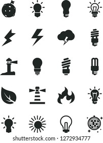 Solid Black Vector Icon Set - lightning vector, incandescent lamp, saving light bulb, storm cloud, leaf, energy, mercury, lighthouse, coastal, flame, flag on moon, sun, disco ball