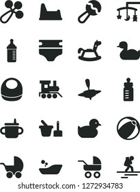 Solid Black Vector Icon Set - toys over the cradle vector, mug for feeding, bottle, measuring, diaper, baby bib, beanbag, rattle, stroller, carriage, rubber duck, duckling, bath ball, toy sand set