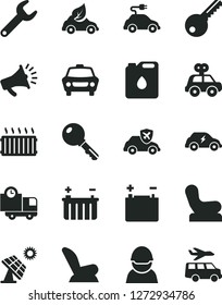 Solid Black Vector Icon Set - Baby chair vector, car child seat, motor vehicle present, key, delivery, big solar panel, accumulator, battery, racer, canister of oil, eco, electric, transport, repair
