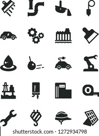 Solid Black Vector Icon Set - hook vector, measuring tape, helmet, plummet, putty knife, spatula, electronic boiler, core, sea port, modern gas station, water pipes, hydroelectricity, drop of oil