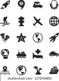 Solid Black Vector Icon Set - map vector, earth, planet, retro car, space rocket, globe, lunar rover, dollar pin, plane, baggage, backpacker, palm tree, hawaii wreath, hospital bed, starfish