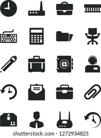 Solid Black Vector Icon Set - clip vector, graphite pencil, keyboard, calculator, portfolio, employee, wall clock, received letter, case, address book, cardboard box, operator, radiator fan, router