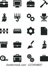 Solid Black Vector Icon Set - monitor window vector, briefcase, clean sheet of paper, winch hook, cogwheel, building trowel, long meashuring tape, plastic brush, wooden paint, portfolio, brick, case