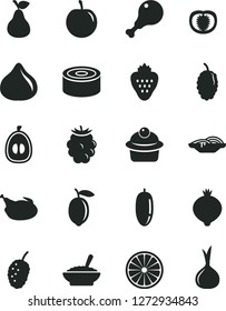 Solid Black Vector Icon Set - canned goods vector, slices of onion, muffin, a bowl buckwheat porridge, chicken, leg, strawberry, pear, fig, medlar, blackberry, mulberry, tasty, date fruit, plum