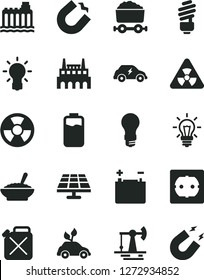 Solid Black Vector Icon Set - saving light bulb vector, power socket type f, a bowl of buckwheat porridge, charge level, solar panel, working oil derrick, accumulator, hydroelectricity, canister