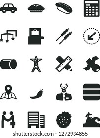 Solid Black Vector Icon Set - toys over the cot vector, motor vehicle, buildings, writing accessories, left bottom arrow, map, pie, barbecue, japanese sushi, strawberries, red pepper, power line