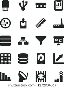 Solid Black Vector Icon Set - growth chart vector, positive histogram, upload archive data, flowchart, processor, satellite dish, filter, statistical report, financial, radiator fan, memory, hdd