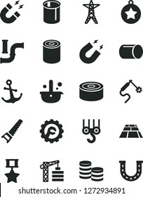 Solid Black Vector Icon Set - tower crane vector, winch hook, hand saw, star gear, paving slab, anchor, canned goods, tin, water pipes, power line, pipe, gas welding, metallurgy, coins, magnet, hero