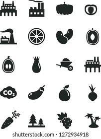 Solid Black Vector Icon Set - garden trolley vector, beet, grape, rose hip, delicious plum, half loquat, juicy lemon, guava, tomato, carrot, beans, eggplant, pumpkin, factory, forest, enterprise