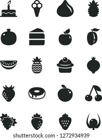 Solid Black Vector Icon Set - cake vector, muffin, piece of, with a hole, cone, strawberry, cherry, pomegranate, branch grape, apricot, raspberry, fig, medlar, water melon slice, ripe plum, physalis