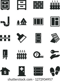 Solid Black Vector Icon Set - bedside table vector, chest of drawers, brickwork, window, frame, long meashuring tape, siphon, interroom door, ceramic tiles, putty knife, radiator, electronic boiler