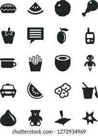 Solid Black Vector Icon Set - image of thought vector, toy mobile phone, children's sand set, potty, small teddy bear, yule, car, apple pie, chicken leg, cabbage, peper, French fries, popcorn, fig