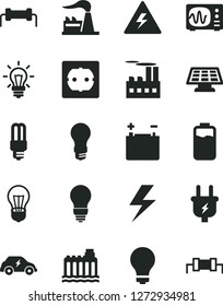 Solid Black Vector Icon Set - lightning vector, danger of electricity, matte light bulb, power socket type f, charge level, factory, accumulator, hydroelectricity, plug, industrial building, mercury