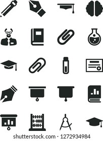 Solid Black Vector Icon Set - clip vector, graphite pencil, abacus, round flask, scribed compasses, book on statistics, presentation, test tube, brain, scientist, graduate hat, board, patente