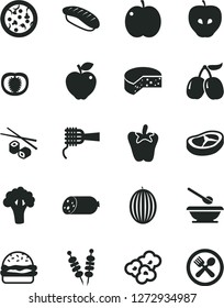 Solid Black Vector Icon Set - plates and spoons vector, sausage, cheese, fried vegetables on sticks, pizza, burger, noodles, bacon, peper, Chinese chopsticks, japanese sushi, popcorn, apple, red