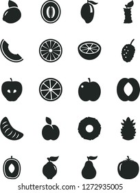 Solid Black Vector Icon Set - apple vector, quince, tasty, mulberry, slice of melon, mango, delicious plum, half peach, tangerine, yellow lemon, orange, ripe pineapple, grapefruit, guava, stub