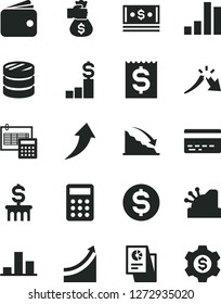 Solid Black Vector Icon Set - bank card vector, calculation, column of coins, bar chart, recession, a crisis, dollar, financial item, wallet, cash, statistical research, calculator, cashbox, gear