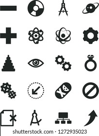 Solid Black Vector Icon Set - prohibition vector, plus, minus, stacking toy, tumbler, cogwheel, left bottom arrow, eye, delete page, gears, Measuring compasses, scheme, ring diagram, atom, saturn