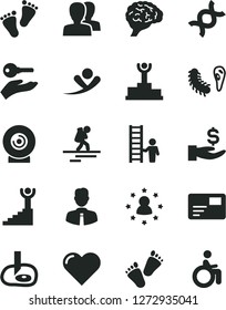 Solid Black Vector Icon Set - women vector, footprints, children's tracks, employee, heart, pass card, lens, get a wage, dna, brain, bactery, artifical insimination, winner podium, stairway, arm key
