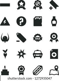 Solid Black Vector Icon Set - danger of electricity vector, add bookmark, minus, remove label, question, car, Hot Dog, birthday cake, bottle, physalis, radish, sale, sd card, medal, bang, map