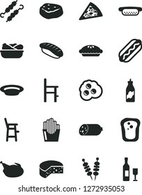 Solid Black Vector Icon Set - a chair for feeding vector, child, sausage, cheese, fried vegetables on sticks, piece of pizza, Hot Dog, mini, pie, lettuce in plate, chicken, meat skewers, omelette
