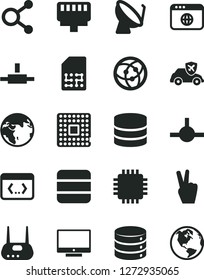 Solid Black Vector Icon Set - screen vector, big data, autopilot, processor, satellite dish, SIM, connections, cpu, router, network, browser, connect, coding, lan connector, victory hand, earth