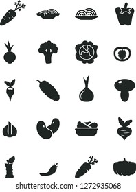 Solid Black Vector Icon Set - onion vector, slices of, mushroom, lettuce in a plate, cucumber, peper, beet, carrot, squash, apple stub, half tomato, red pepper, garlic, beans, broccoli, radish