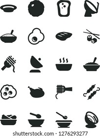 Solid Black Vector Icon Set - deep plate with a spoon vector, plates and spoons, spaghetti, noodles, bowl of buckwheat porridge, rice, hot, lettuce in, chicken, chop, meat on skewers, cabbage