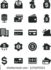 Solid Black Vector Icon Set - bank card vector, buildings, big data server, cards, reverse side of a, front the, denomination dollar, wallet, money, cash, cashbox, bag hand, rain, coin, mortgage