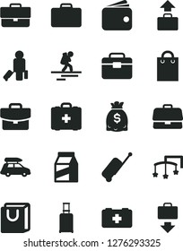 Solid Black Vector Icon Set - briefcase vector, toys over the cot, bag of a paramedic, medical, portfolio, suitcase, with handles, package, wallet, dollars, car baggage, backpacker, passenger, case