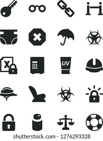 Solid Black Vector Icon Set - mark of injury vector, spectacles, scales, nappy, powder, car child seat, construction helmet, lock, umbrella, encrypting, glasses, biohazard, rope barrier, uv cream