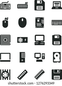 Solid Black Vector Icon Set - floppy disk vector, laptop, keyboard, processor, computer, notebook pc, radiator fan, mouse, power supply, tower, motherboard, memory, hdd