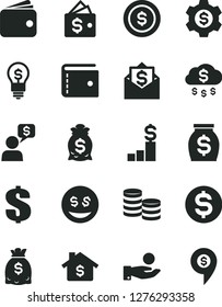 Solid Black Vector Icon Set - purse vector, dollar, coins, catch a coin, wallet, money, dollars, rain, mortgage, pedestal, bag, gear, idea, eyes, mail, dialog, pin