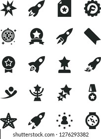 Solid Black Vector Icon Set - bookmark vector, star gear, rocket, space, bang, cup, reward, medal, ribbon, certificate, stars around man, three, flying, disco ball, starfish, compass