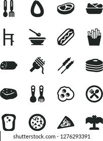 Solid Black Vector Icon Set - plates and spoons vector, a chair for feeding, plastic fork, iron, sausage, stick of, pizza, piece, Hot Dog, spaghetti, lettuce in plate, bacon, barbecue, meat, cafe