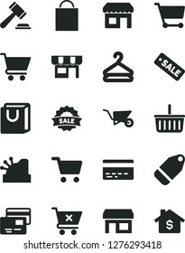 Solid Black Vector Icon Set - paper bag vector, grocery basket, bank card, hammer of a judge, building trolley, cart, crossed, with handles, cards, kiosk, hanger, label, stall, shopping, cashbox