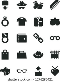 Solid Black Vector Icon Set - purse vector, spectacles, hat, with glasses, comb, warm socks, Knitted, T shirt, folded, cloth industry, bag, hand, diamond ring, gold, baggage, getting, heart pendant