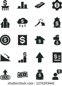 Solid Black Vector Icon Set - upward direction vector, chart, recession, a crisis, article on the dollar, financial item, dollars, growth arrows, gold bar, money bag hand, rain, coin, mortgage, gear