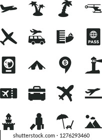 Solid Black Vector Icon Set - suitcase vector, passport, coastal lighthouse, sand castle, helicopter, dollar pin, plane, passenger, ticket, departure, hotel, tent, arnchair under umbrella, palm tree