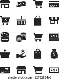 Solid Black Vector Icon Set - paper bag vector, grocery basket, bank card, cart, crossed, kiosk, coins, stall, shopping, front of the, column, get a wage, dollars, cash, dollar