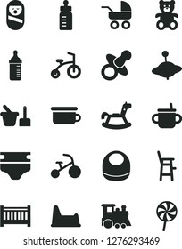 Solid Black Vector Icon Set - baby cot vector, dummy, mug for feeding, bottle, measuring, diaper, bib, carriage, roly poly doll, toy sand set, children's potty, chair, a child, teddy bear, train
