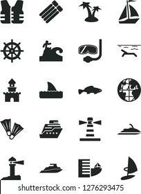 Solid Black Vector Icon Set - small fish vector, lighthouse, coastal, planet, sand castle, sail boat, hotel, beach, palm tree, flippers, diving mask, surfing, handwheel, life vest, jet ski, cruiser