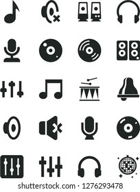Solid Black Vector Icon Set - bell vector, loudspeaker, silent mode, drumroll, headphones, microphone, CD, regulator, no sound, pc speaker, note, settings, disco ball